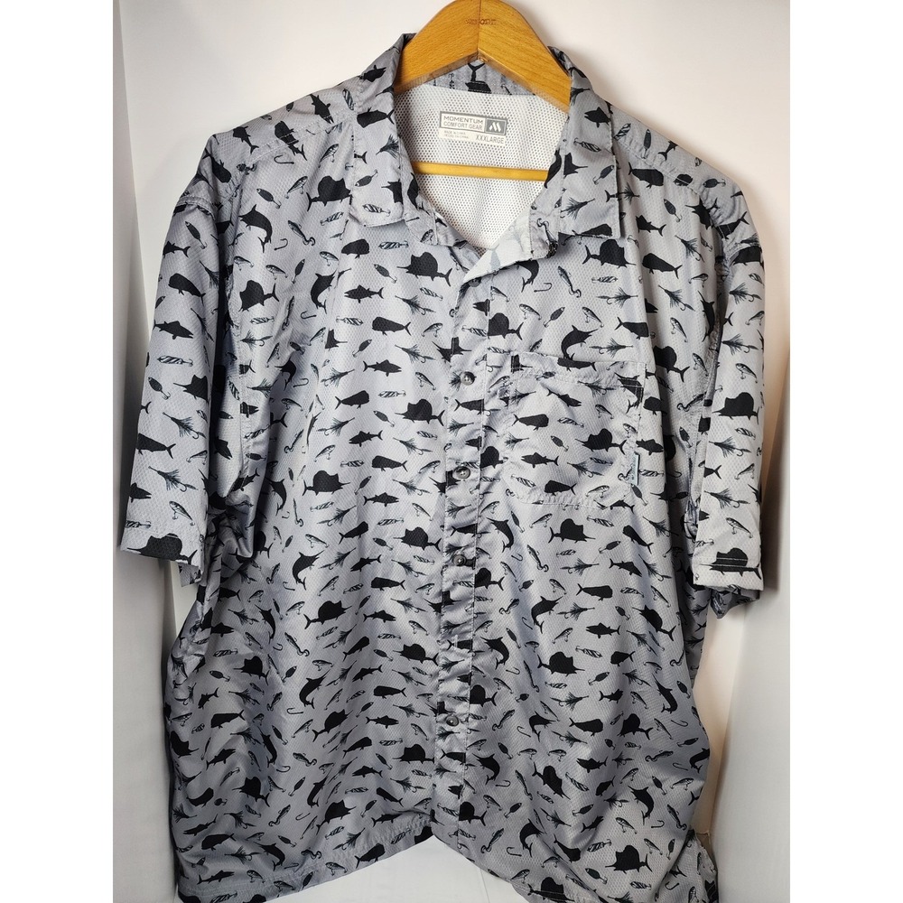 Momentum Comfort Gear Mens XXXL Fishing Shirt Grey Fish Lure Print Short Sleeve